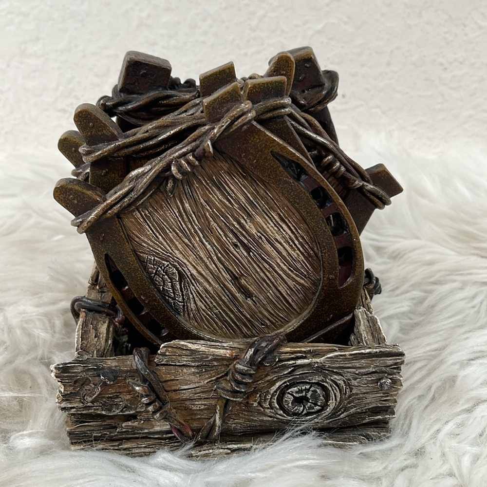 Horseshoe Coaster Set with Holder Collectible Wood Look - Picture 3 of 12